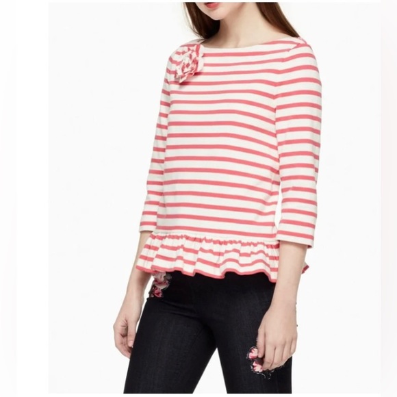 Like New, Kate Spade, Sz Medium, Pink & White Striped Top w/ Floral Rosette - Picture 5 of 11